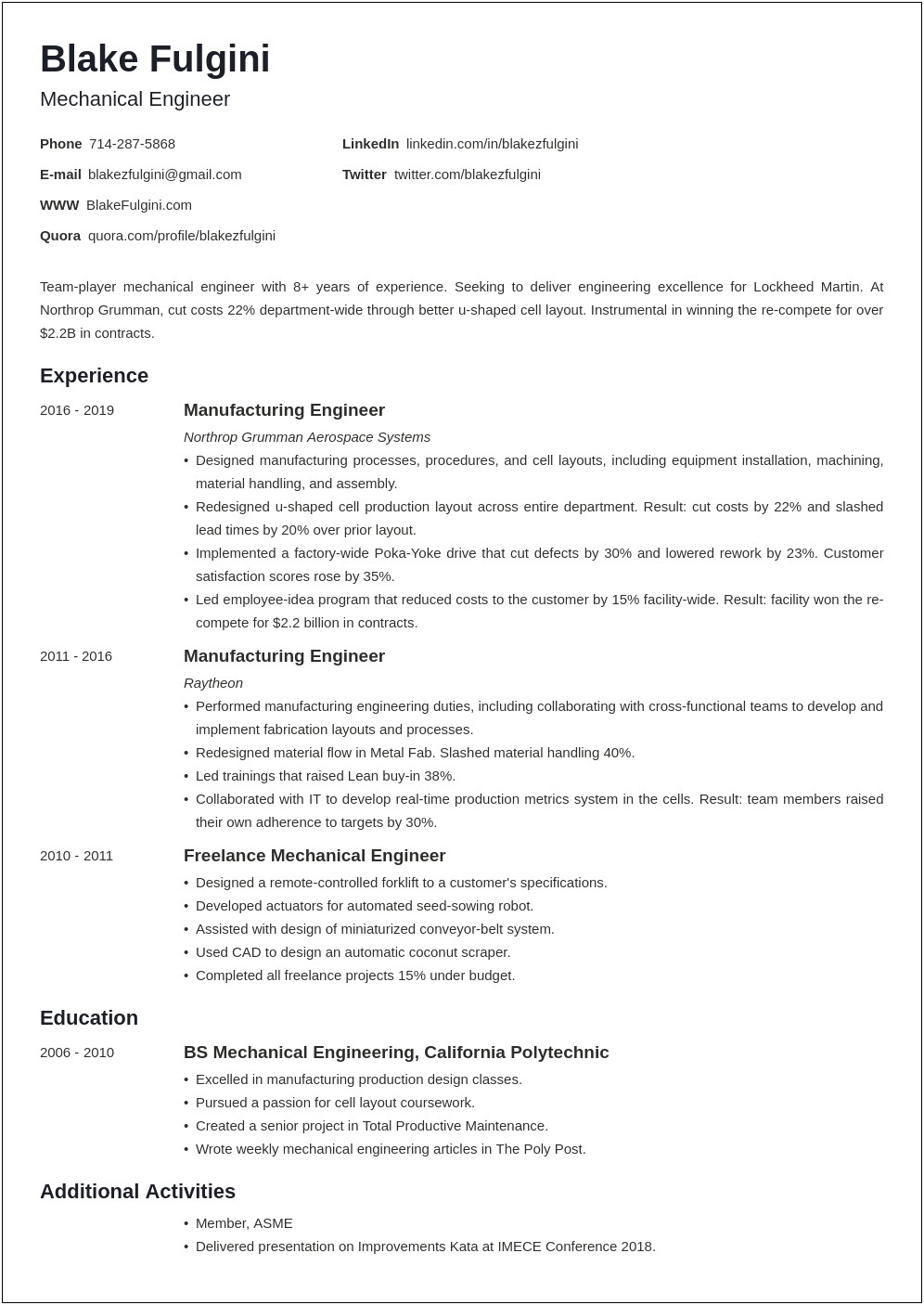 Sample Resume Entry Level Mechanical Engineer