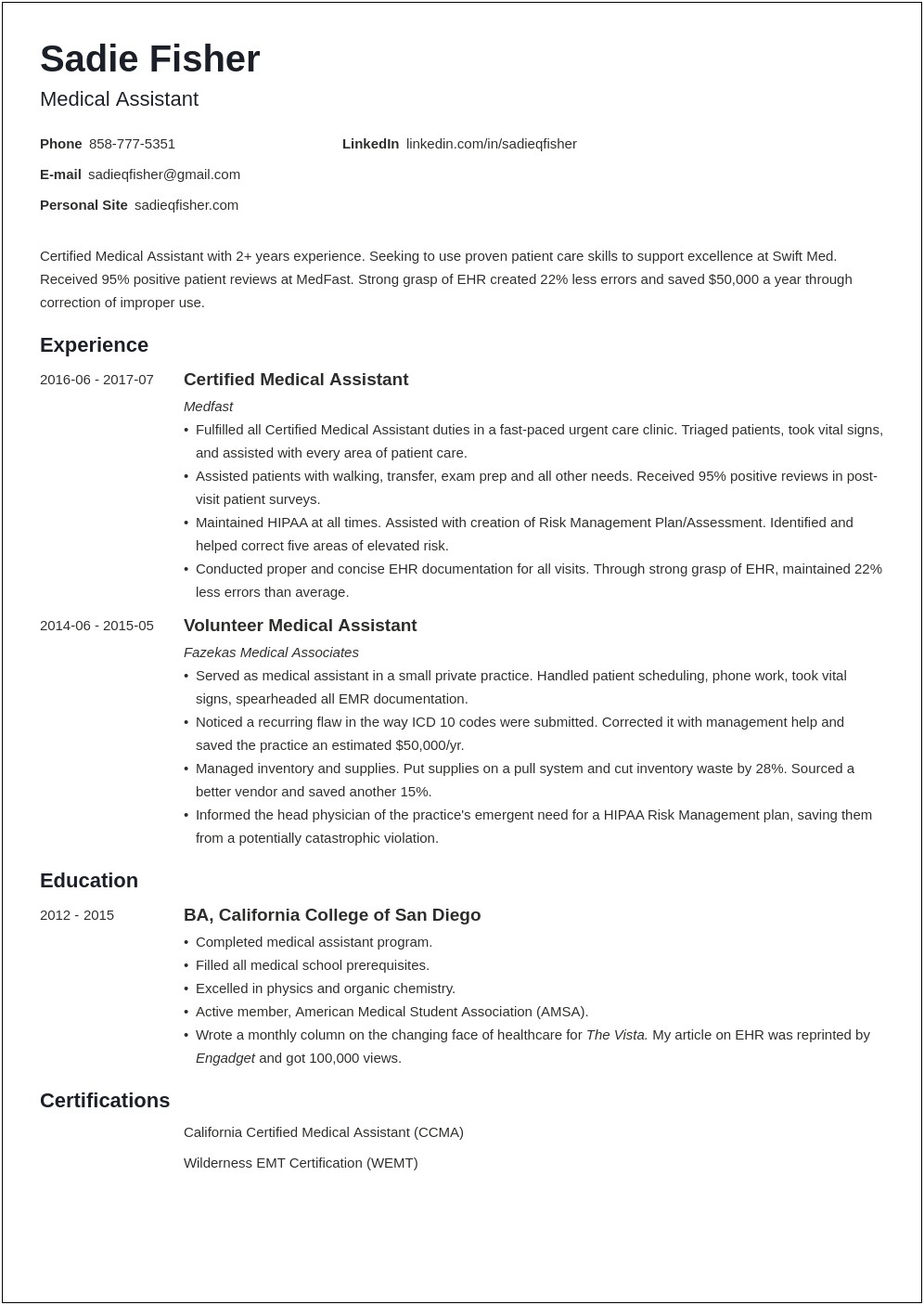 Sample Resume Entry Level Medical Inventory