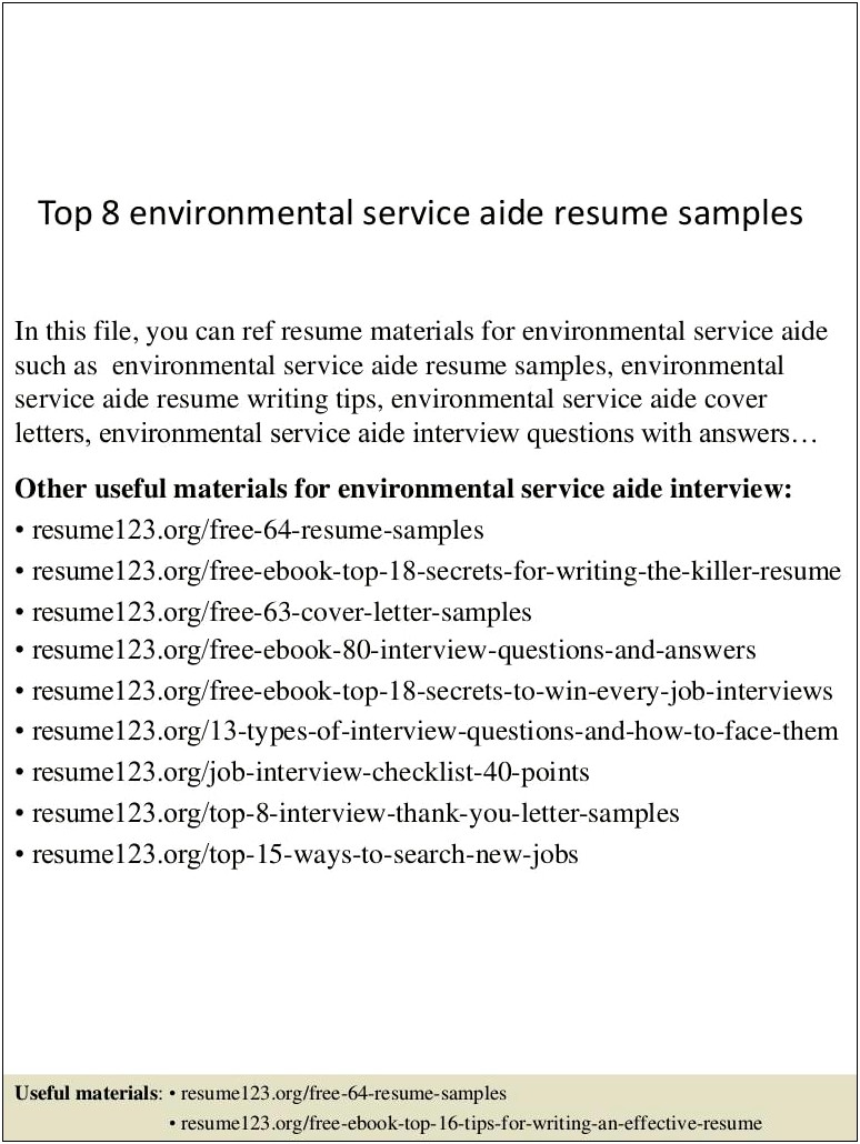 Sample Resume Environmental Service Aide