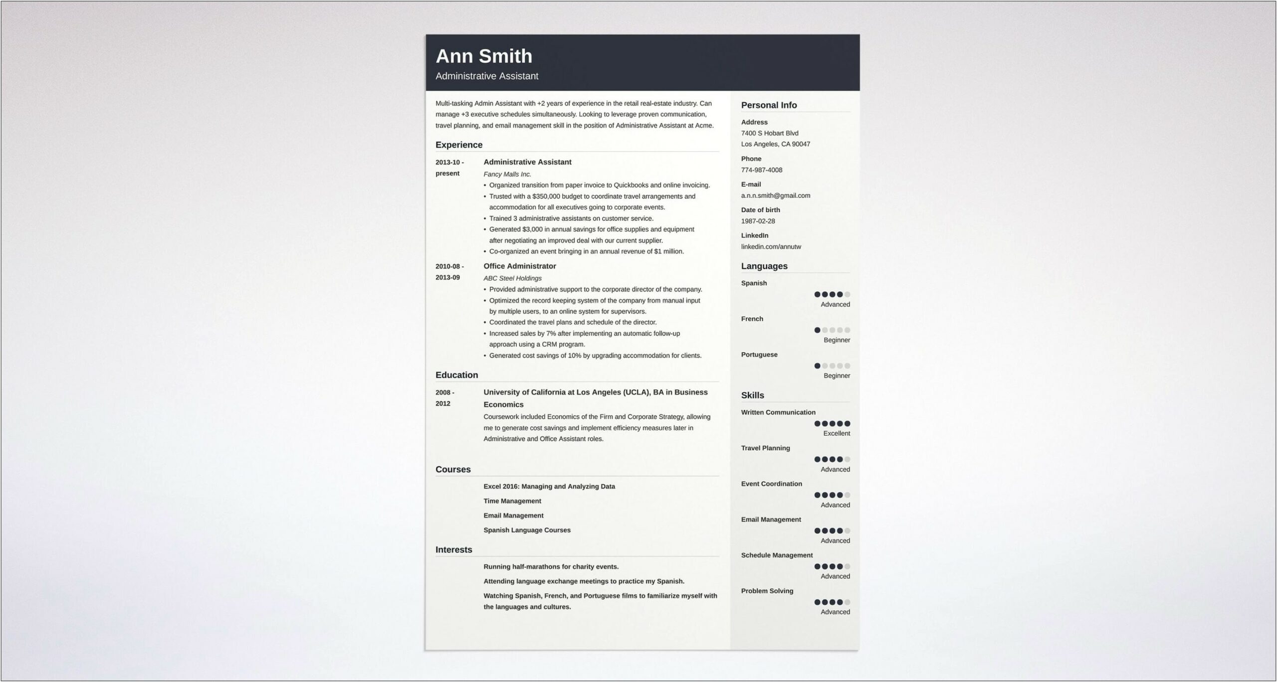Sample Resume Examples Administrative Correspondence