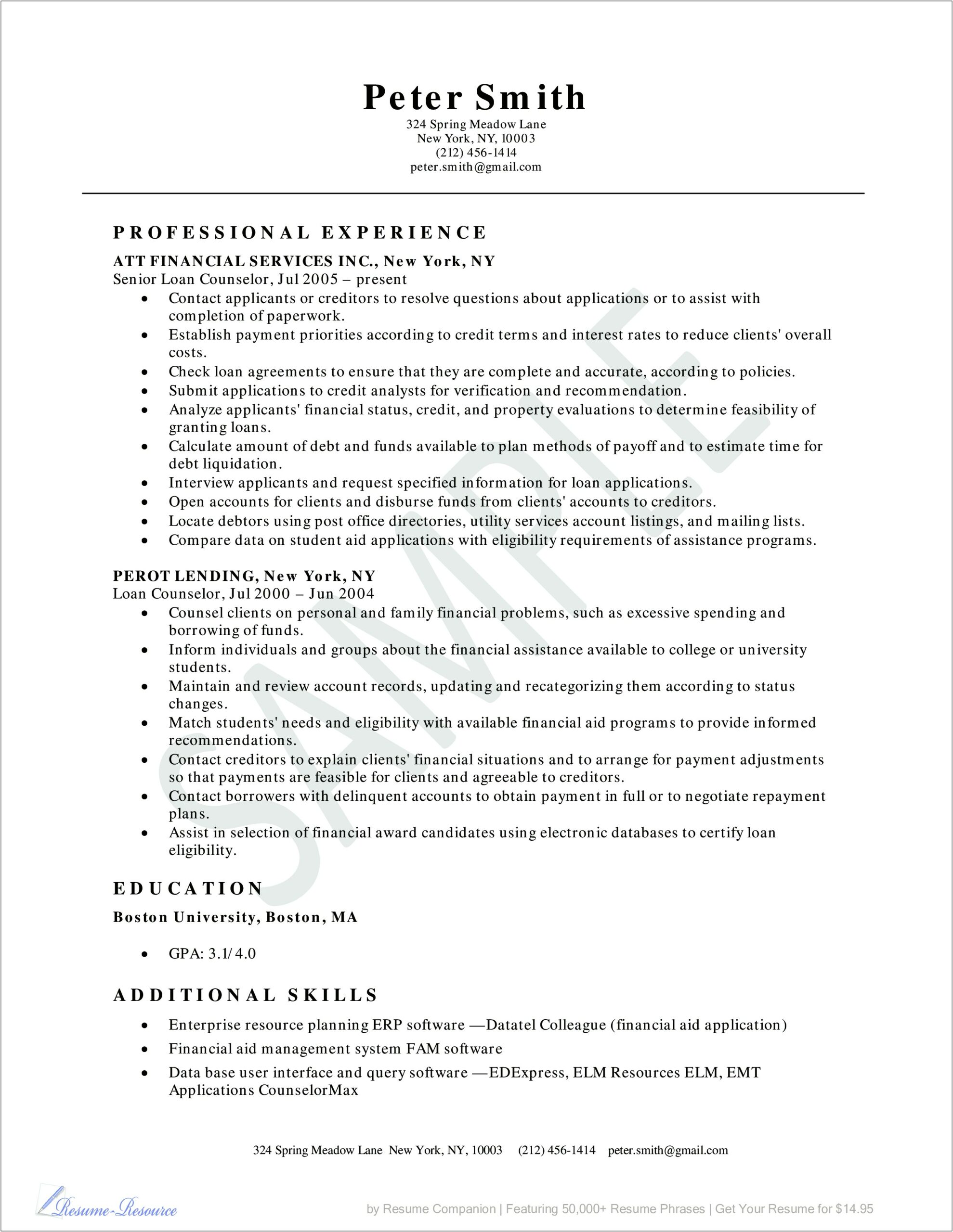 Sample Resume Financial Aid Counselor