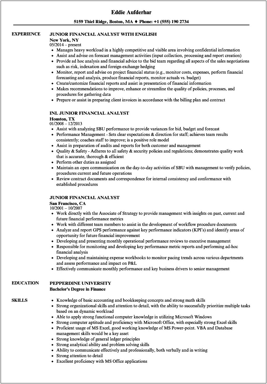 Sample Resume Financial Analyst Entry Level