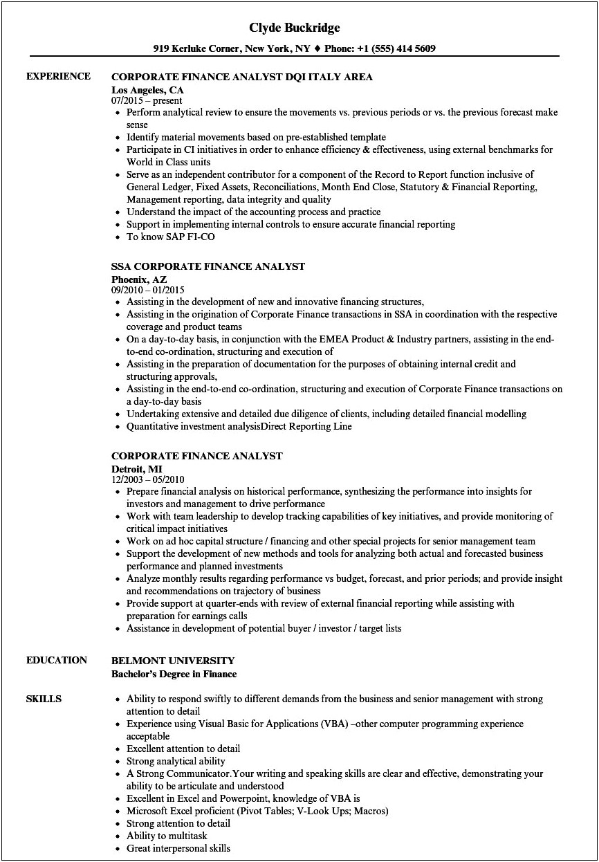 Sample Resume Financial Analyst Mba