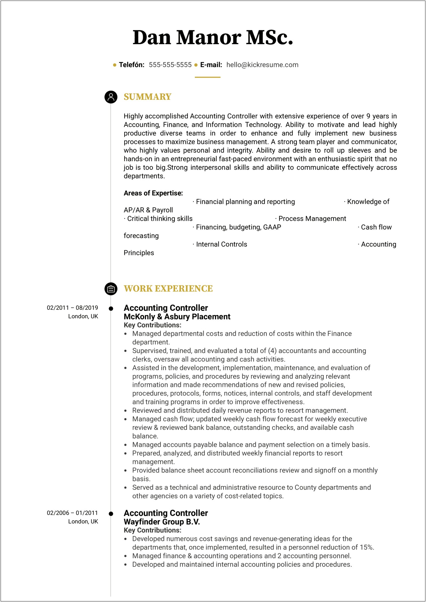 Sample Resume Financial Controller Position