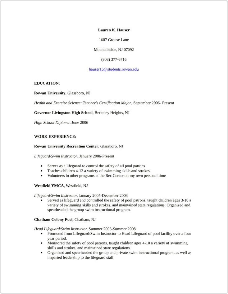Sample Resume Fior Th Life Guard Postion