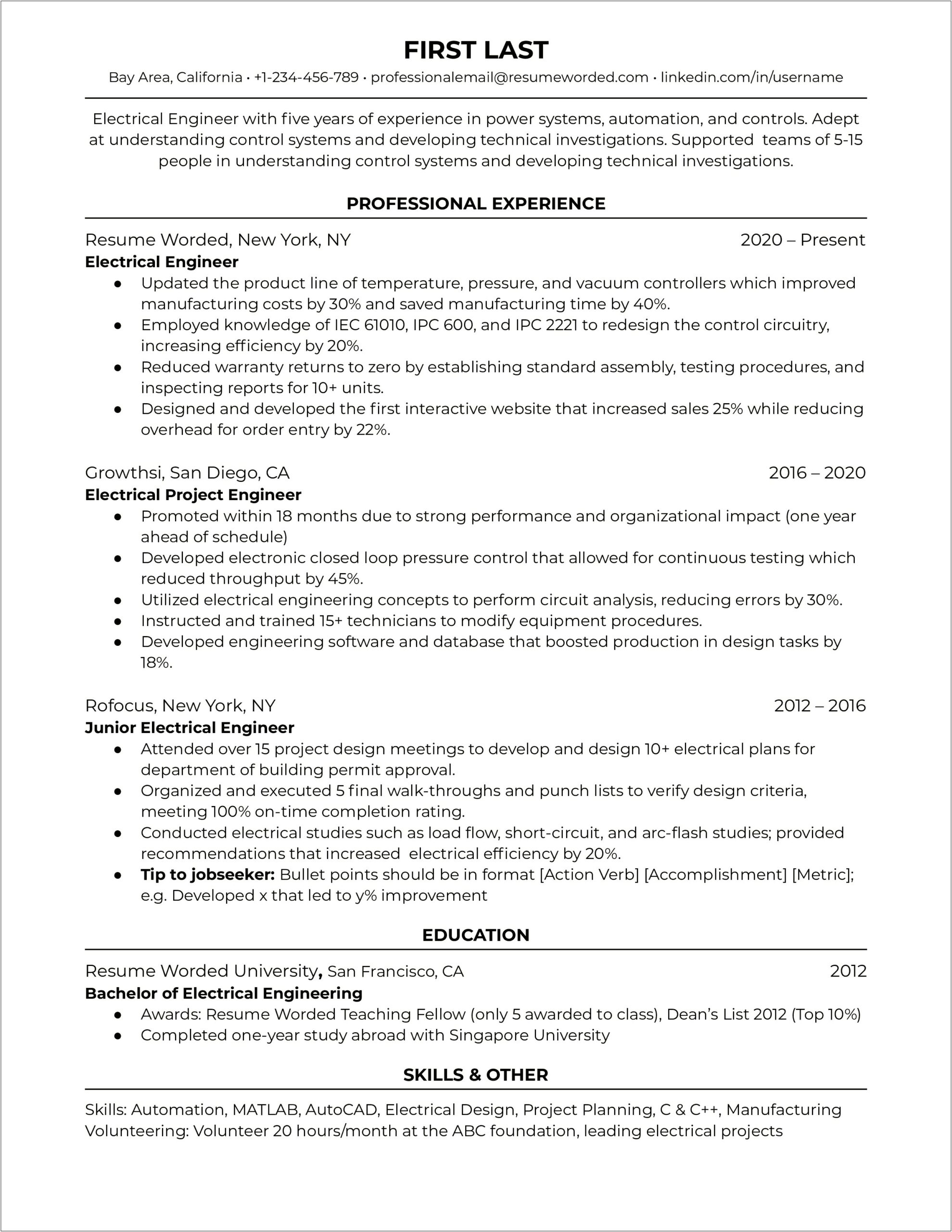 Sample Resume For 1 Year Experienced Engineer
