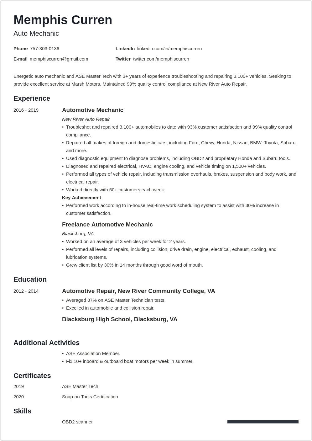 Sample Resume For A Auto Mechanic