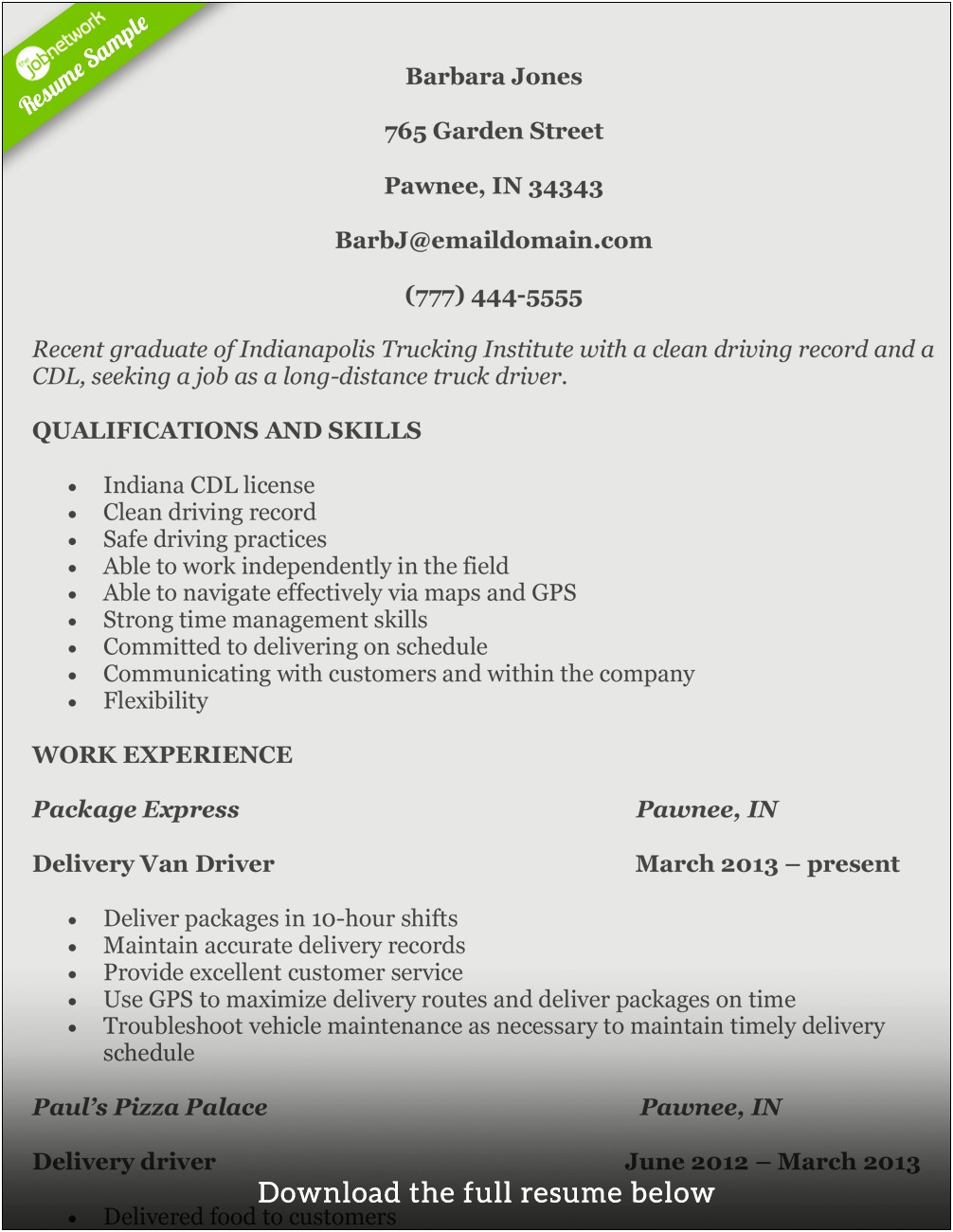 Sample Resume For A Cdl Truck Driver
