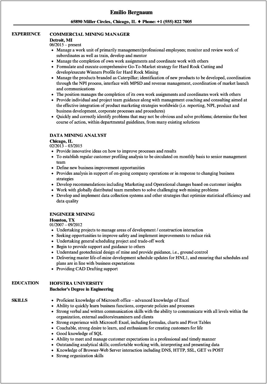 Sample Resume For A Coal Miner