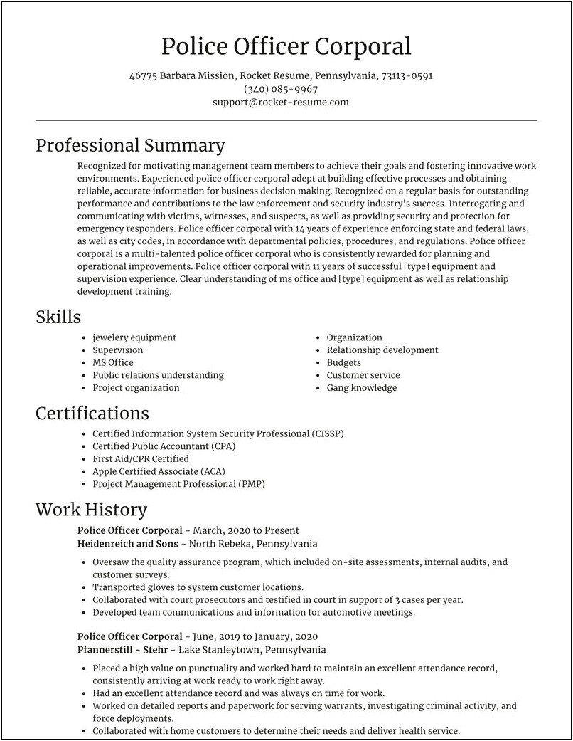 Sample Resume For A Corporal In Law Enforcement