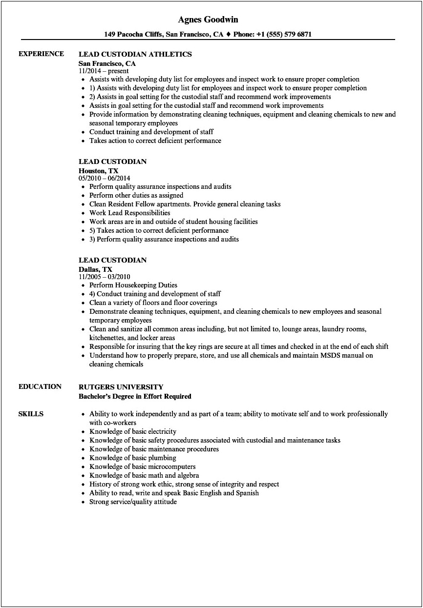 Sample Resume For A Custodian Position