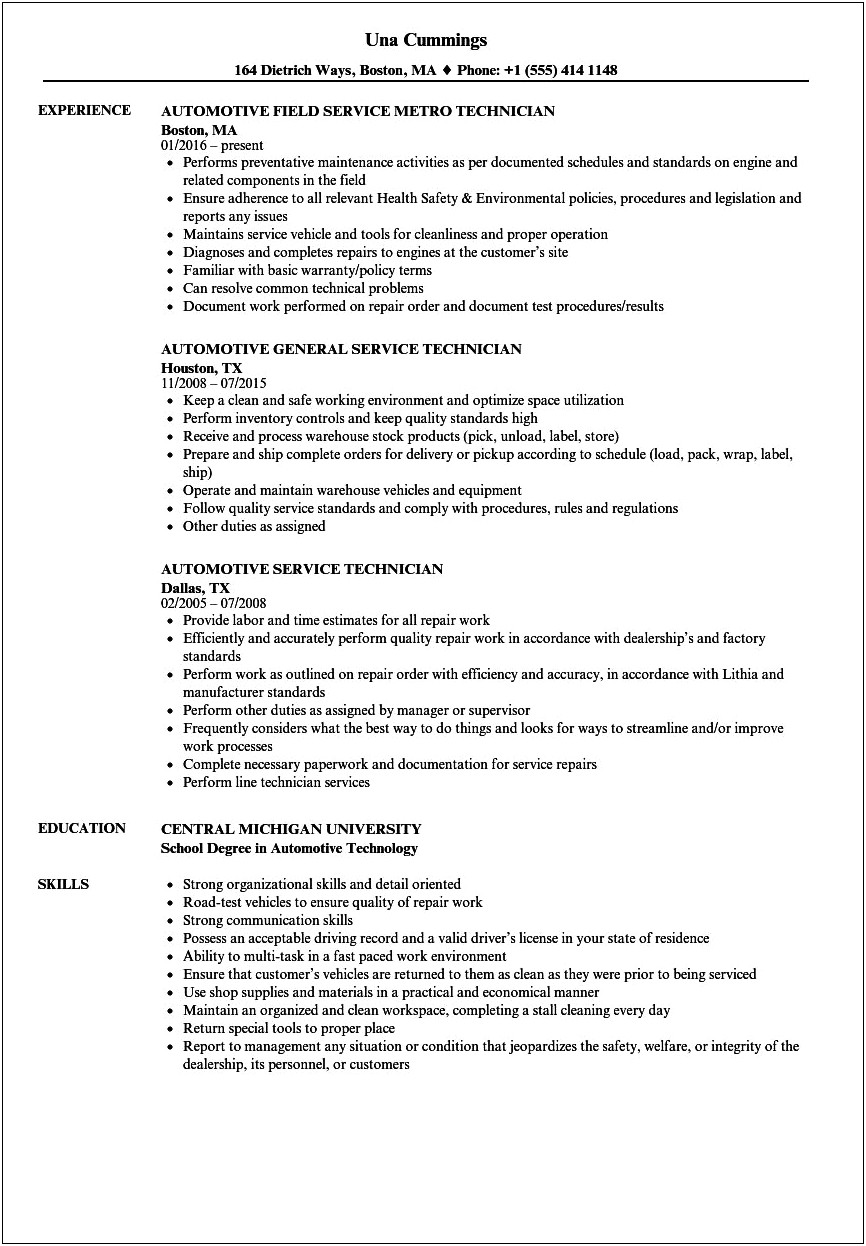 Sample Resume For A Diesel Technician