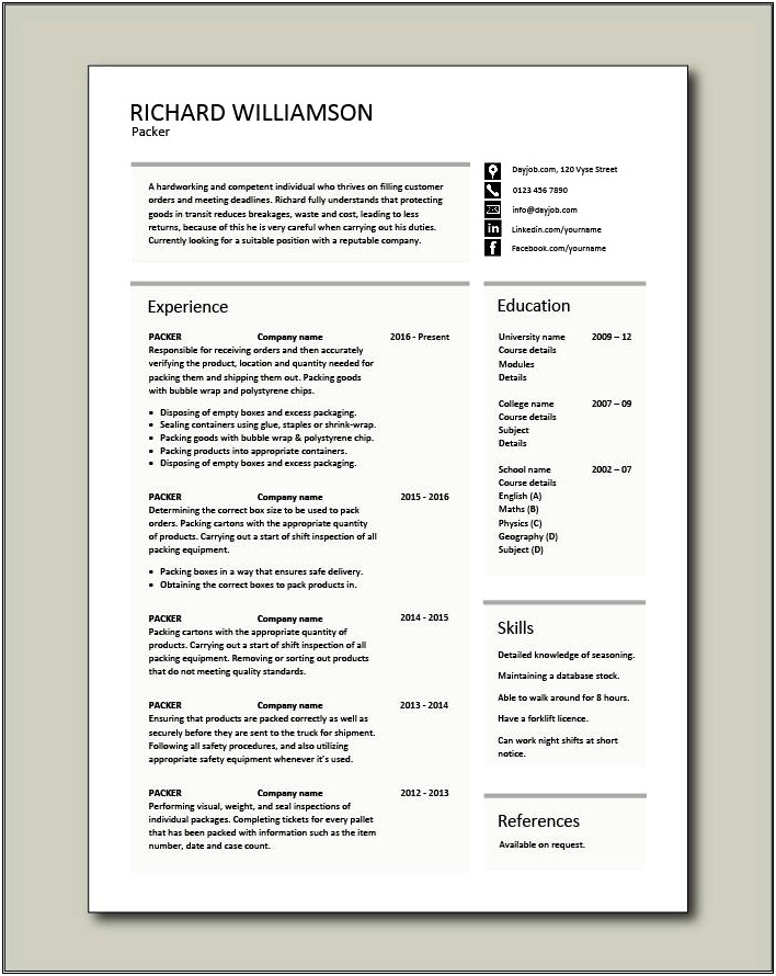 Sample Resume For A Factory Worker