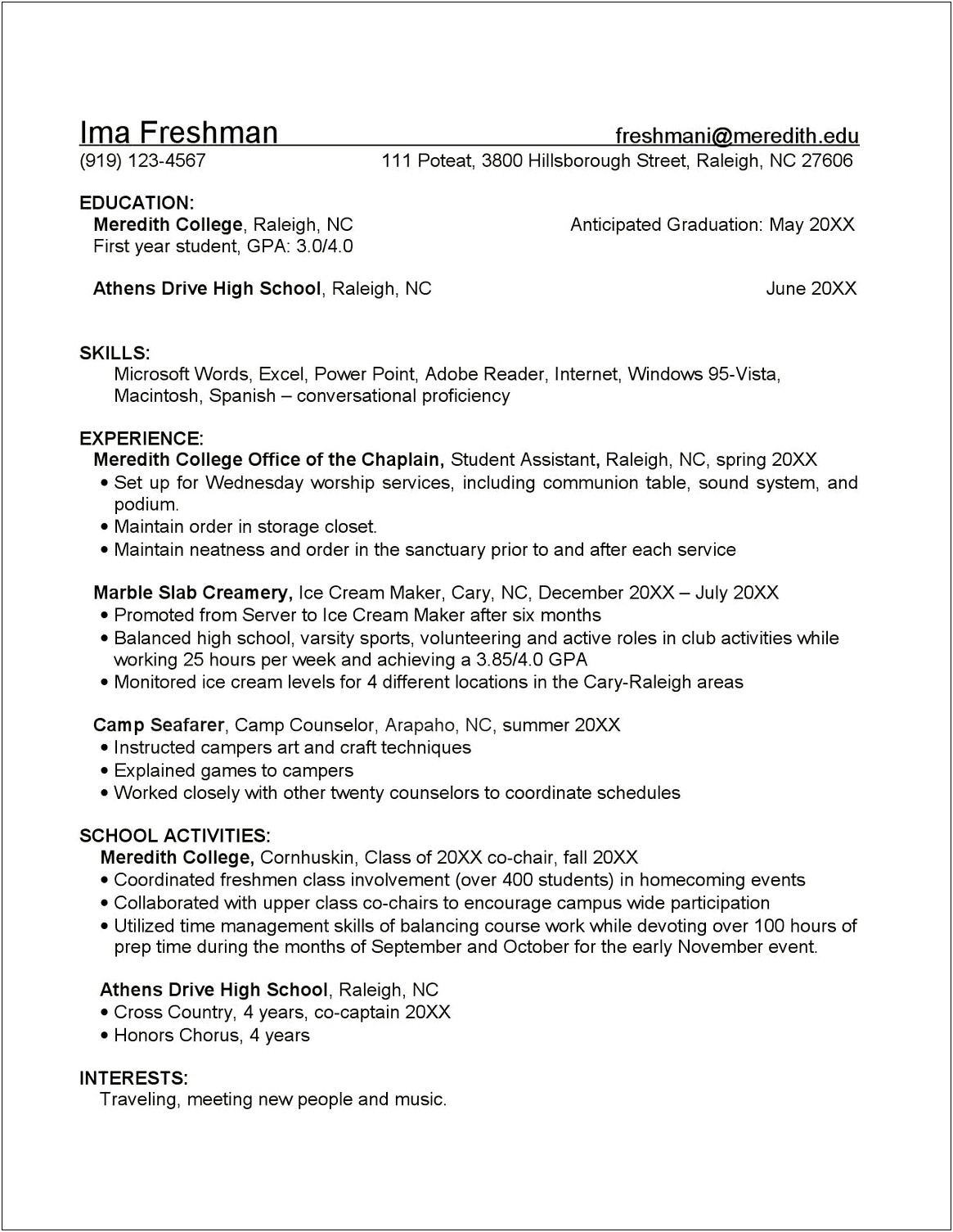 Sample Resume For A Freshman College Student
