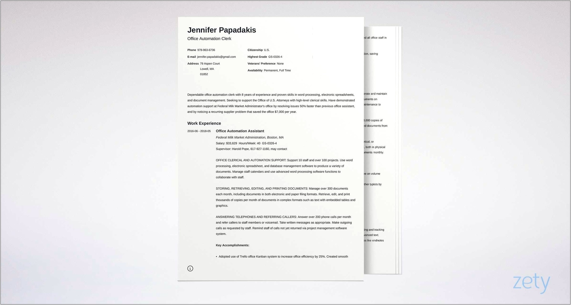 Sample Resume For A Government Position