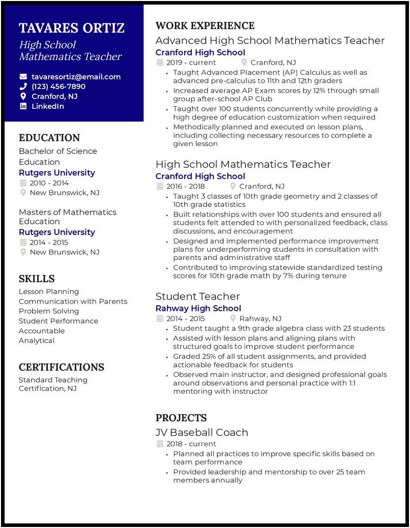 Sample Resume For A High School Teacher