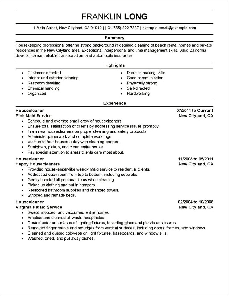 Sample Resume For A House Cleaner