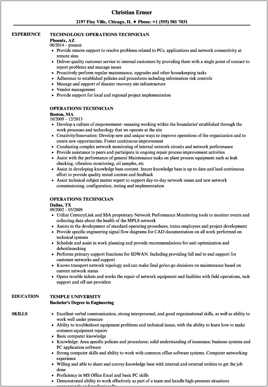 Sample Resume For A Maintenance Technician