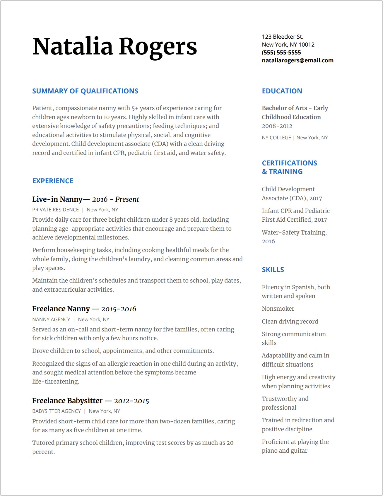 Sample Resume For A Nanny Housekeeper