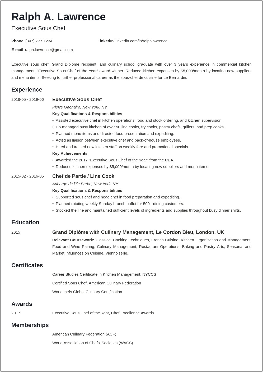 Sample Resume For A Pastry Chef