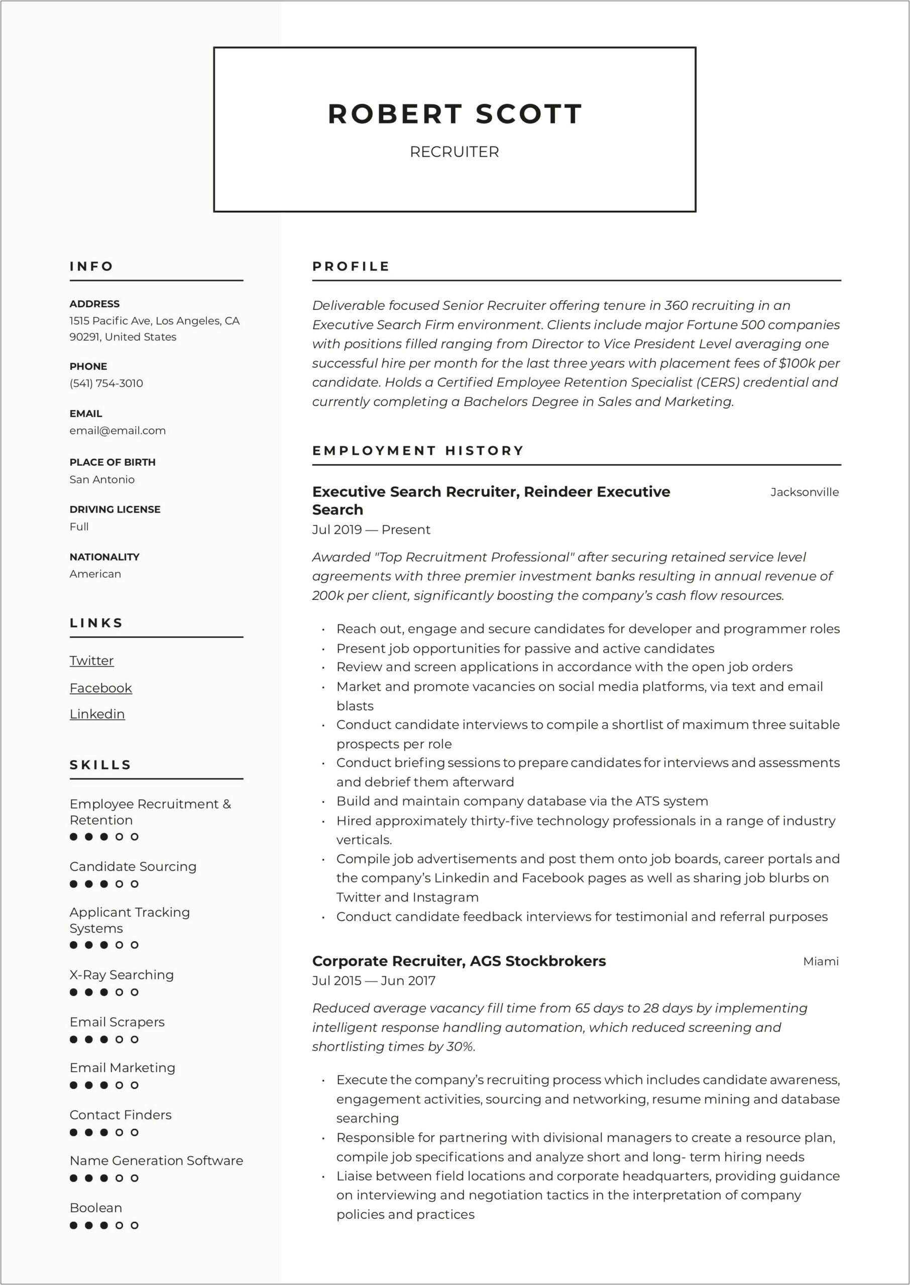Sample Resume For A Recruiter Position