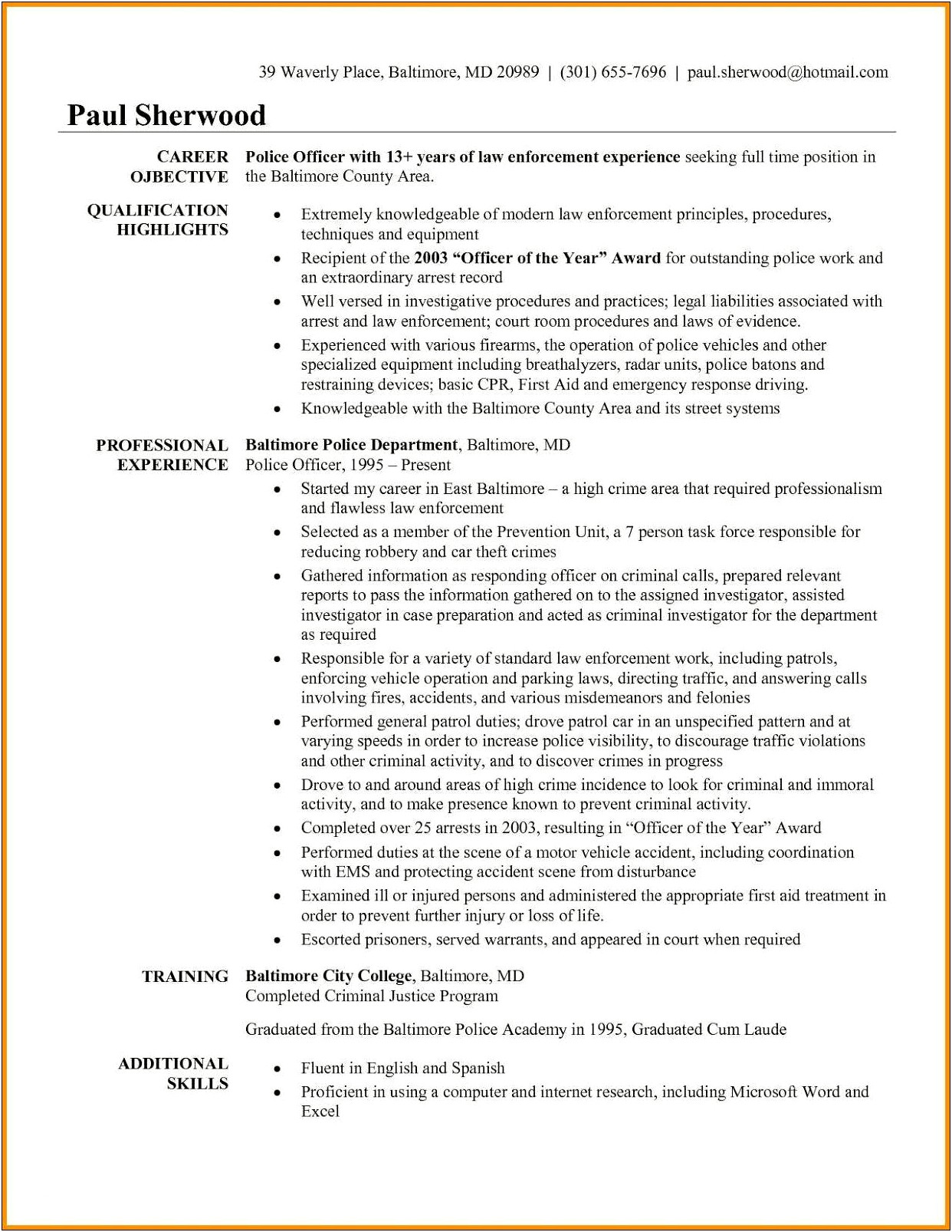 Sample Resume For A Retiree
