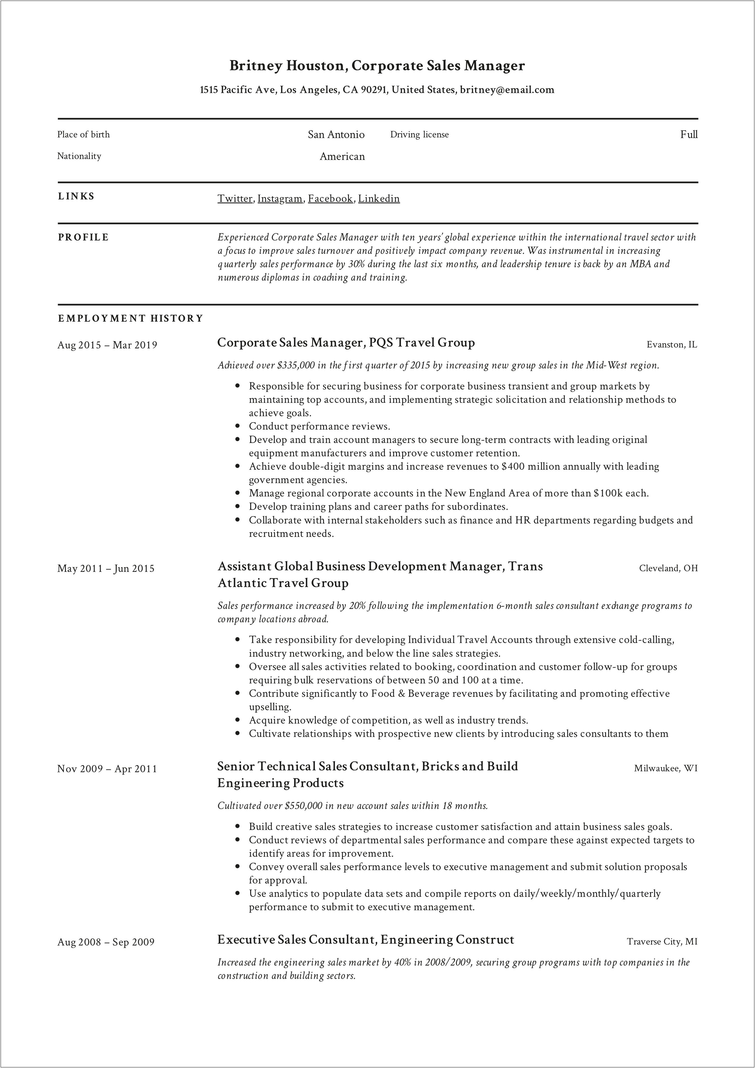 Sample Resume For A Sale Manager Telecomunication