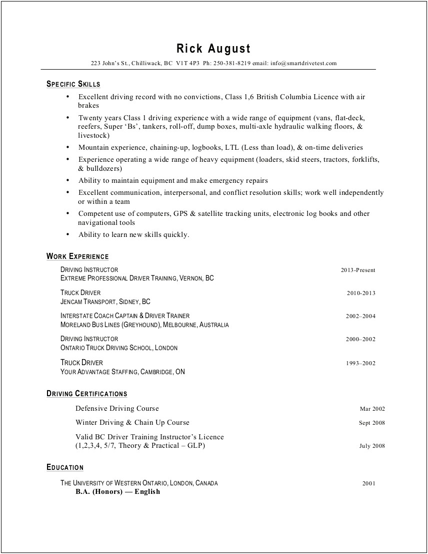 Sample Resume For A School Bus Driver
