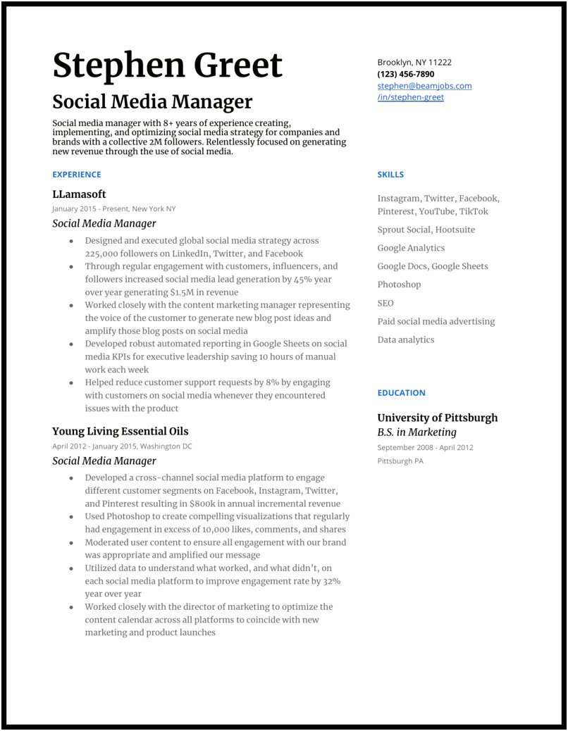 Sample Resume For A Social Media Manager