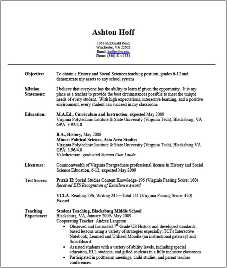 Sample Resume For A Teacher With No Experience
