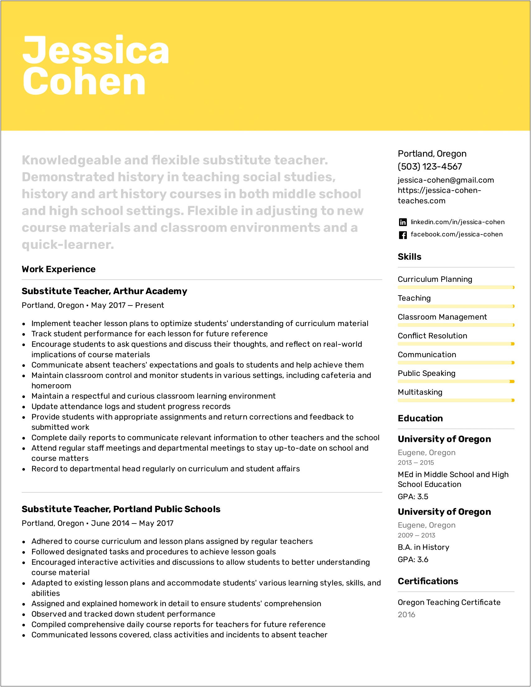 Sample Resume For A Teacher With Substitute