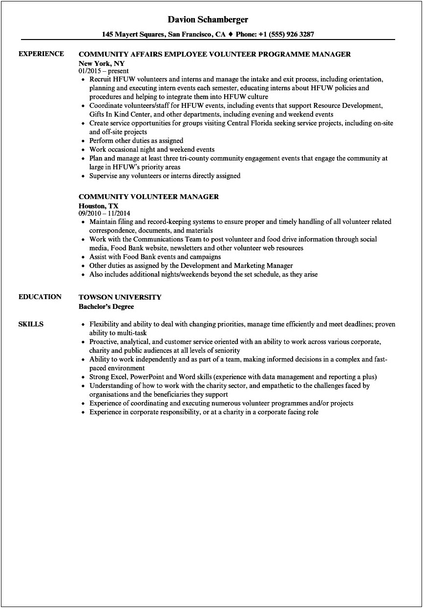 Sample Resume For A Volunteer Coordinator