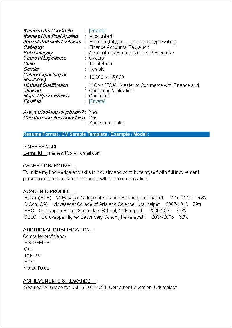 Sample Resume For Accountant Fresher