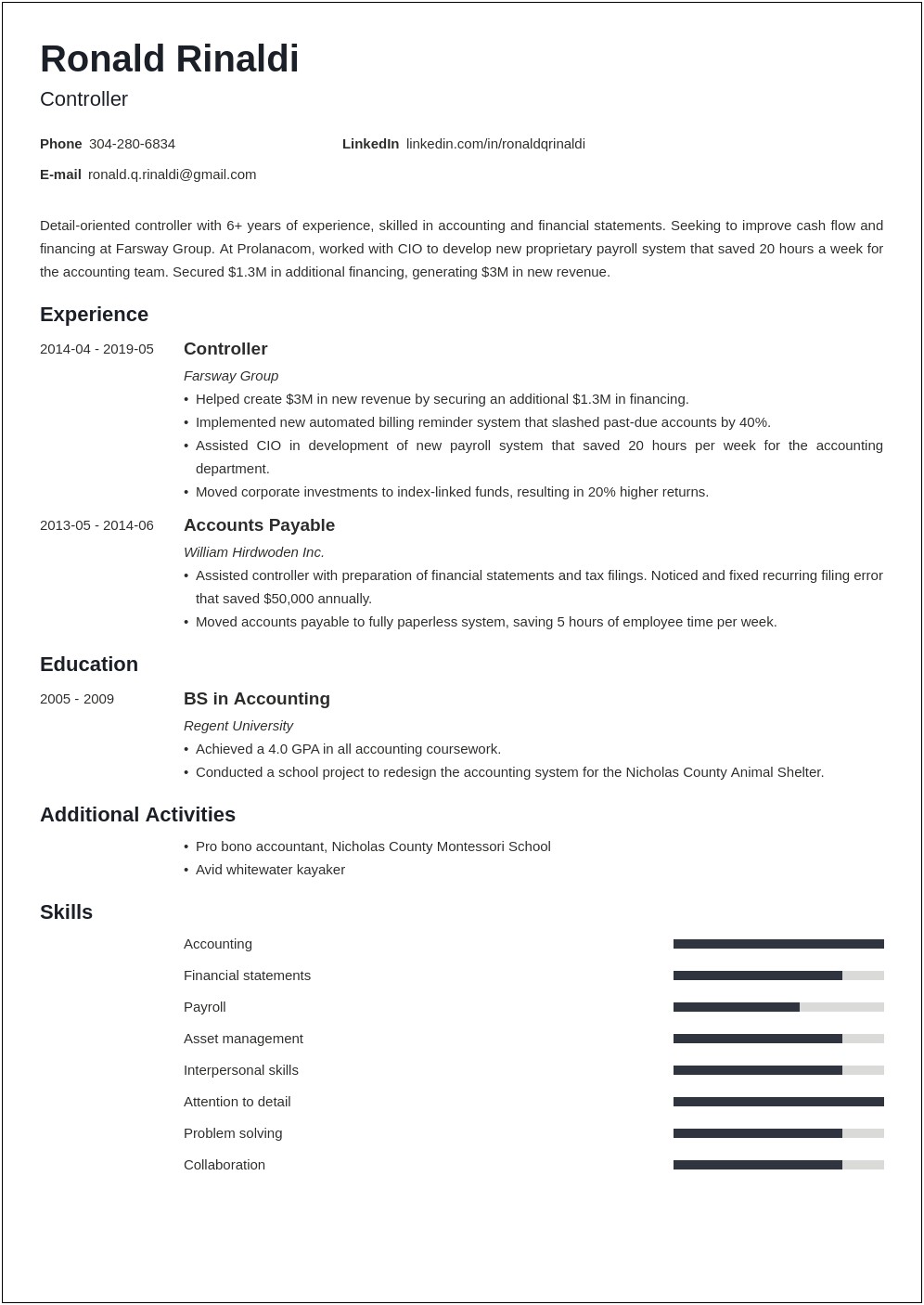 Sample Resume For Accounting Comptroller