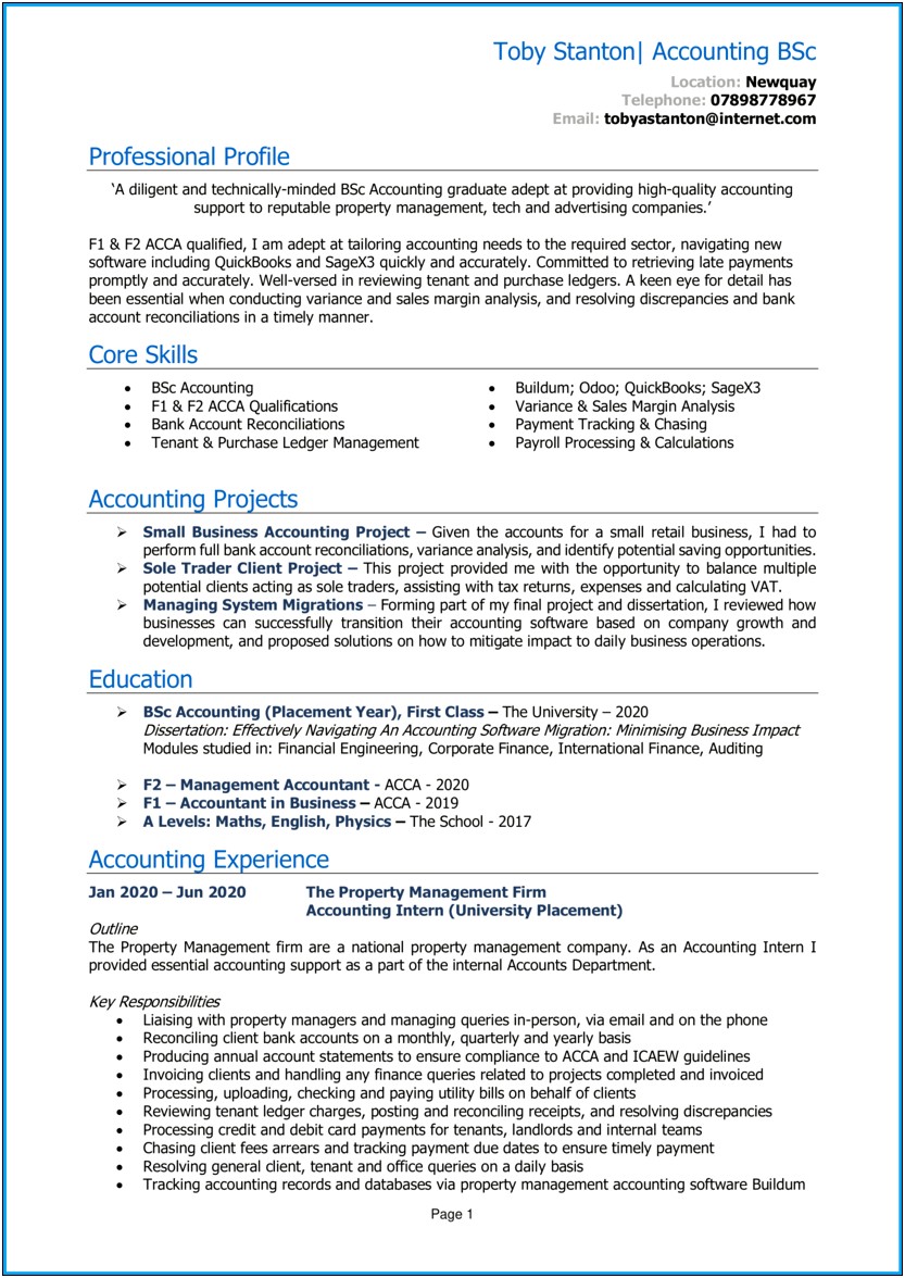 Sample Resume For Accounting Graduate Without Experience