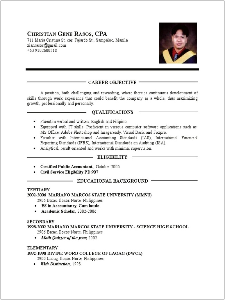 Sample Resume For Accounting Graduates In The Philippines