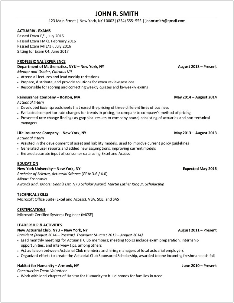 Sample Resume For Actuarial Internship