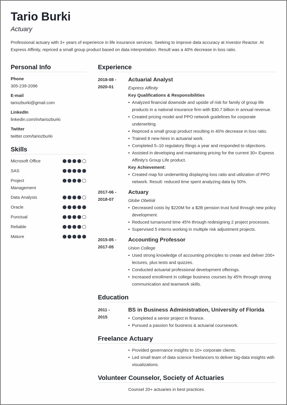 Sample Resume For Actuarial Student