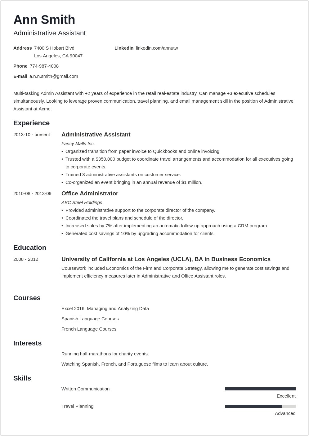 Sample Resume For Administrative Assistant Australia