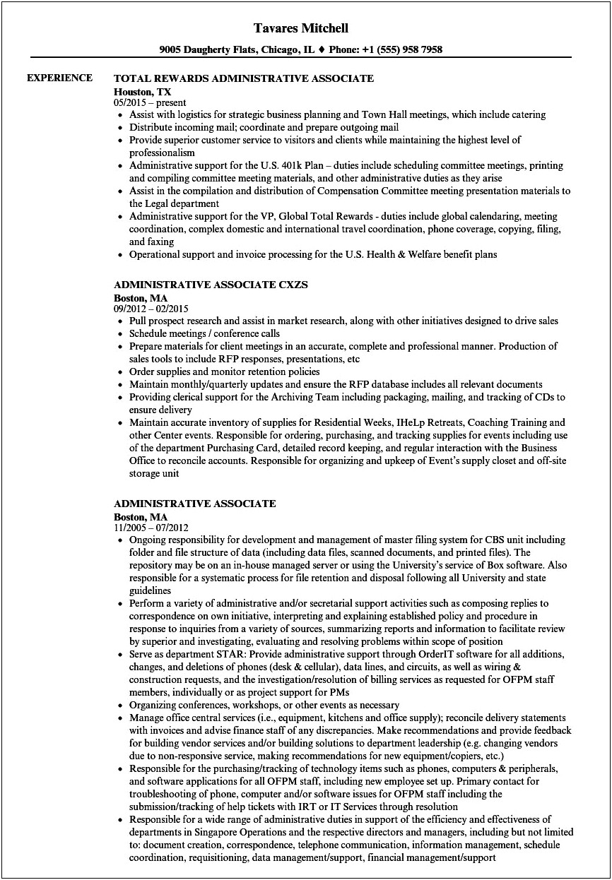 Sample Resume For Administrative Associate