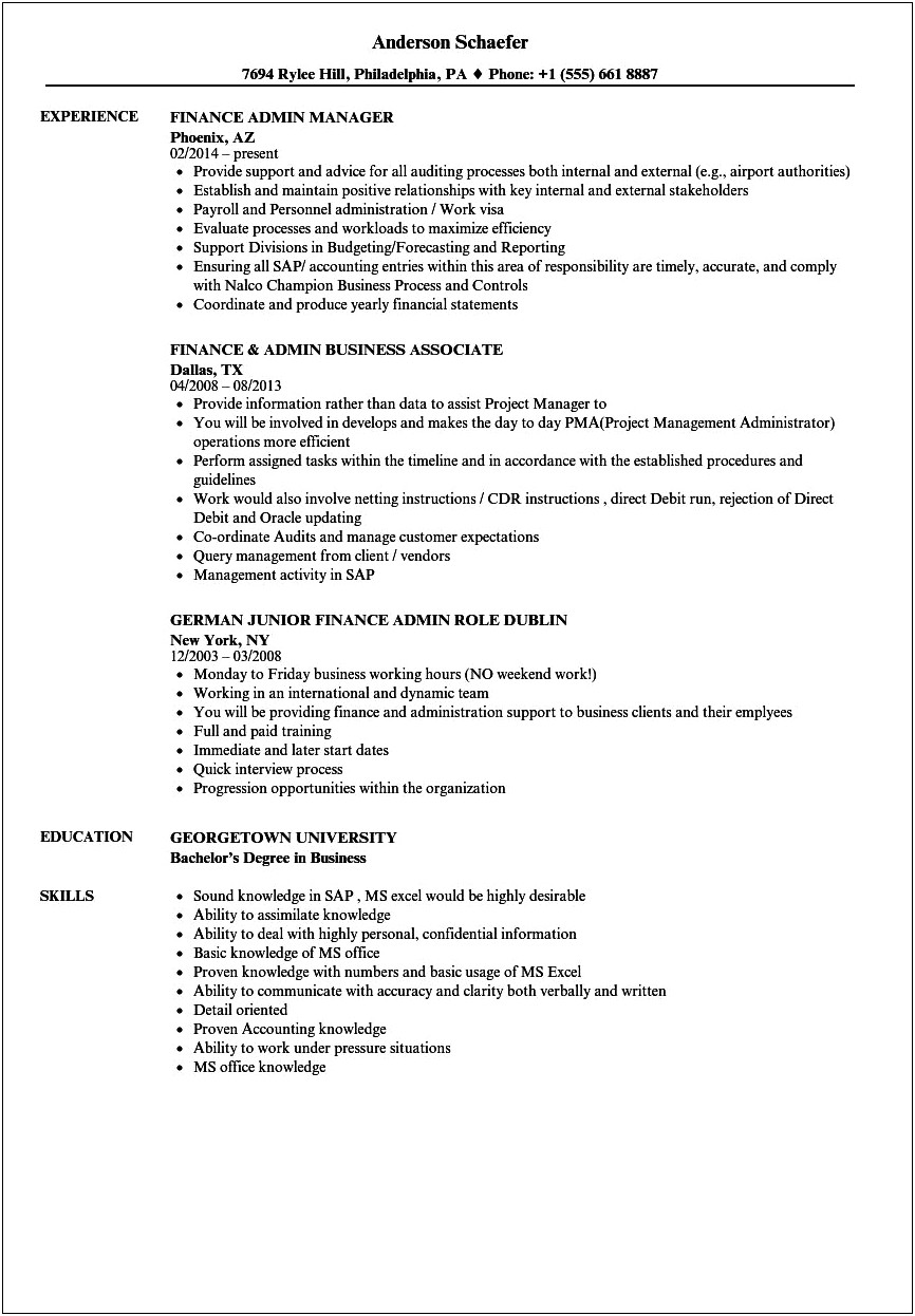 Sample Resume For Administrative Finance