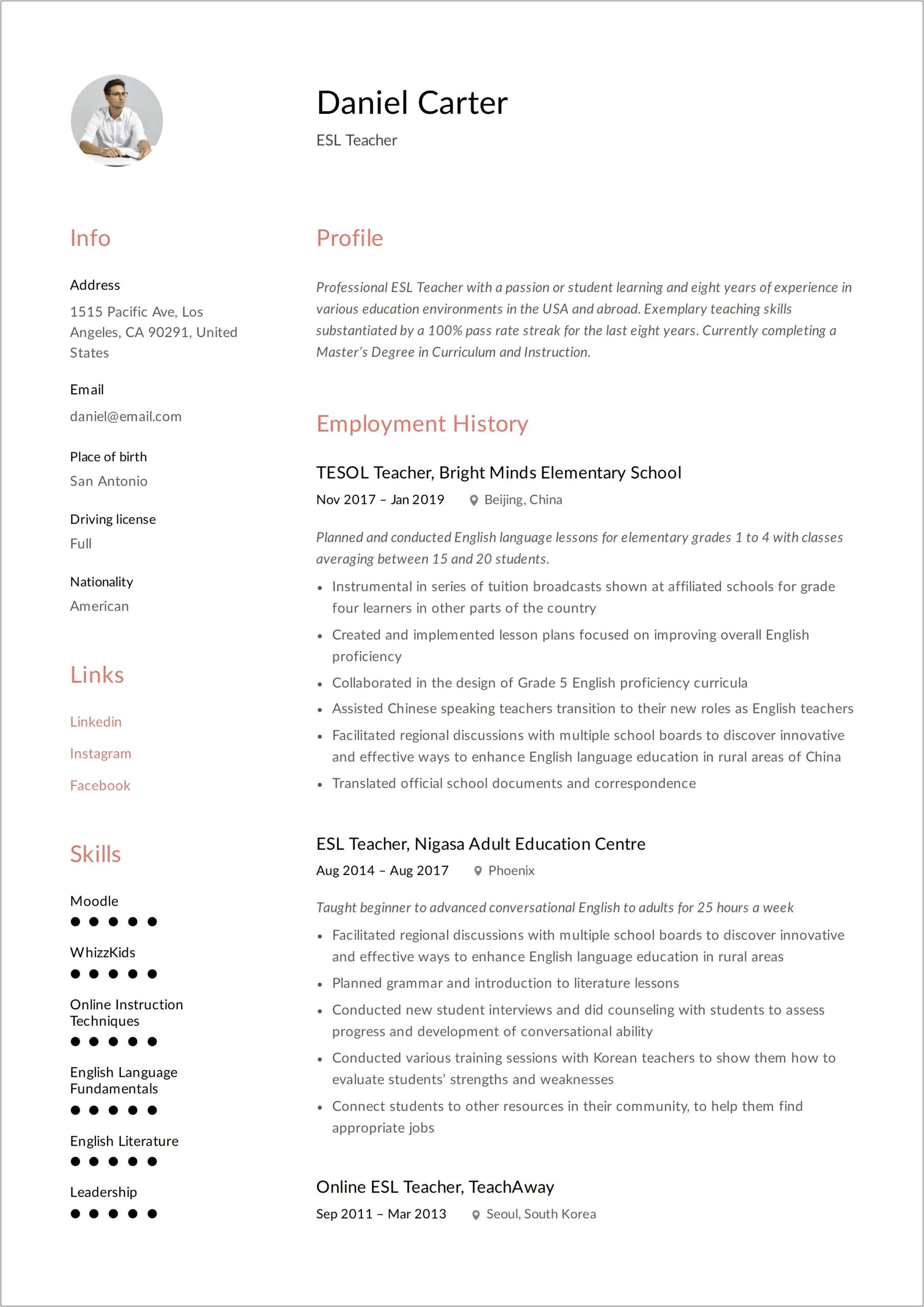 Sample Resume For Adult Esl Students