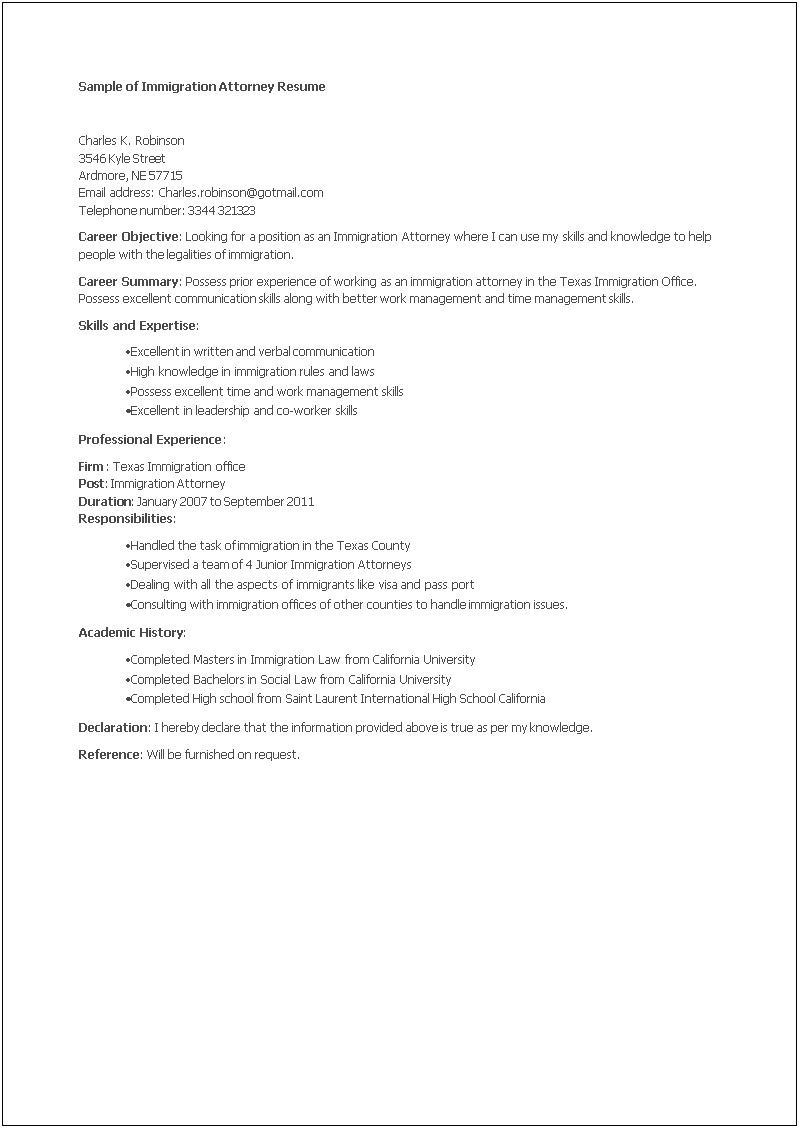 Sample Resume For An Attorney