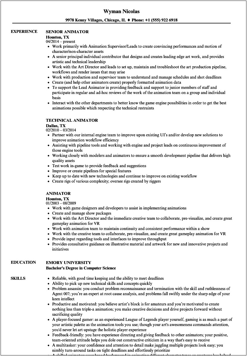 Sample Resume For Animation Jobs