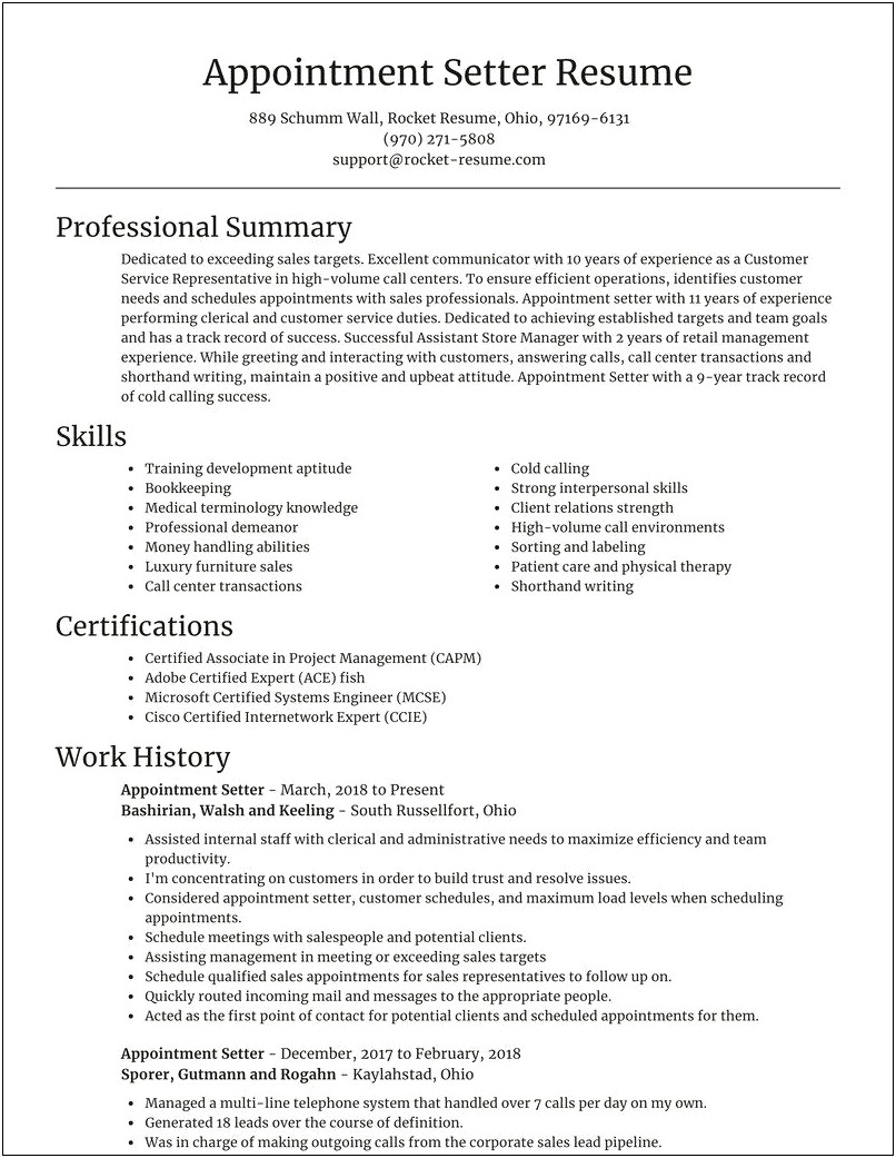 Sample Resume For Appointment Setter