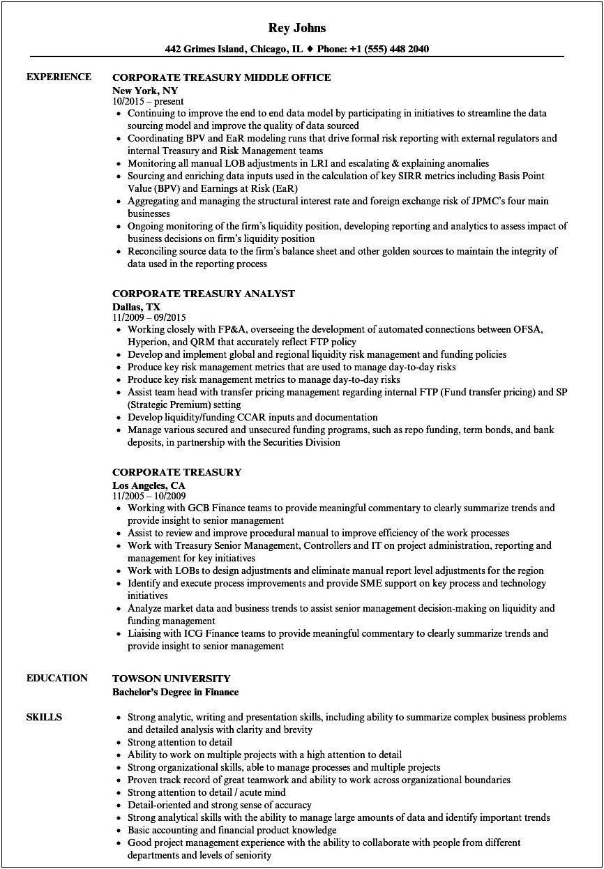 Sample Resume For Assistant Treasurer