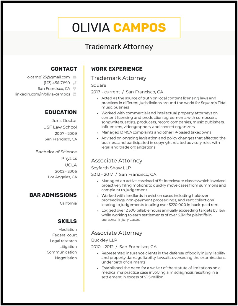 Sample Resume For Attorney Position