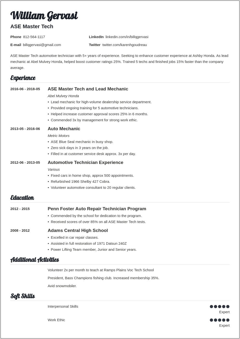 Sample Resume For Automotive Industry