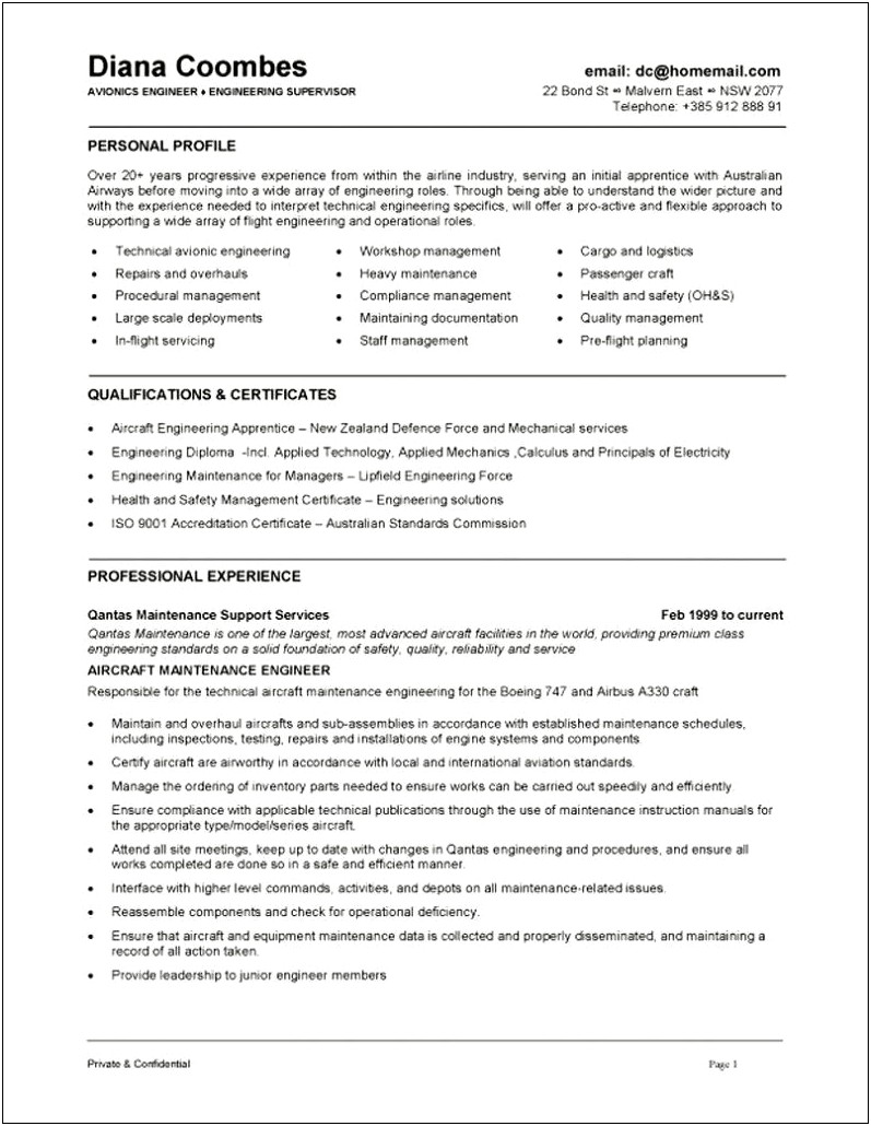 Sample Resume For Avionics Technician