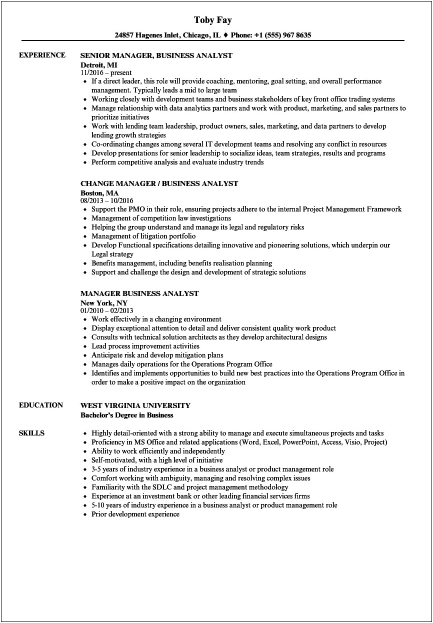 Sample Resume For Ba Manager